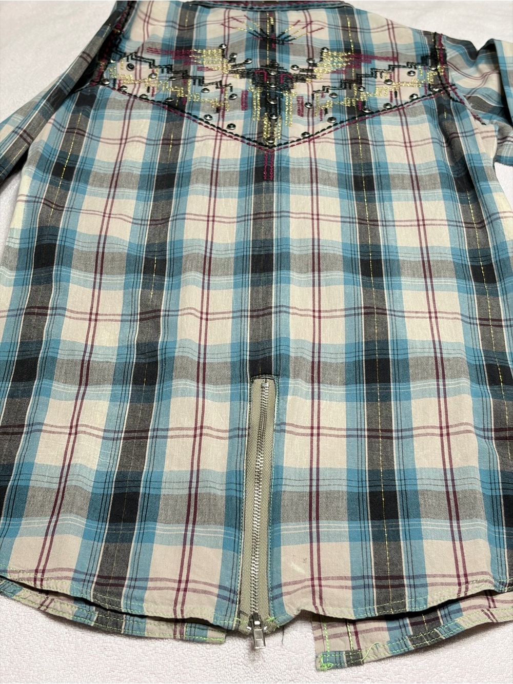 Embellished Plaid Snap-Front Western Shirt in Blue with Cream - Picture 14 of 14
